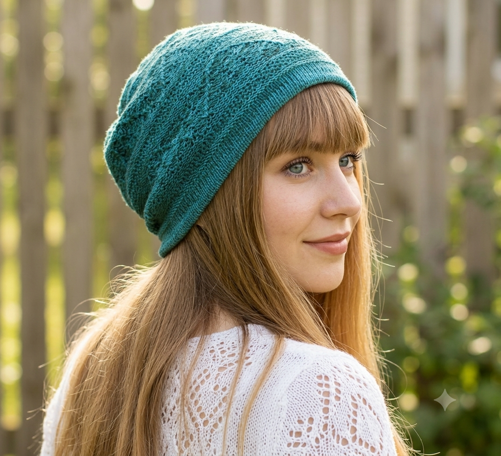 Woman wearing a teal knitted hat with a blurred outdoor background
