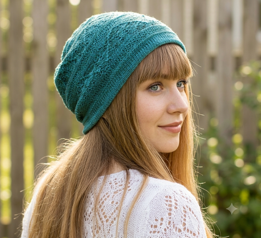 Woman wearing a teal knitted hat with a blurred outdoor background