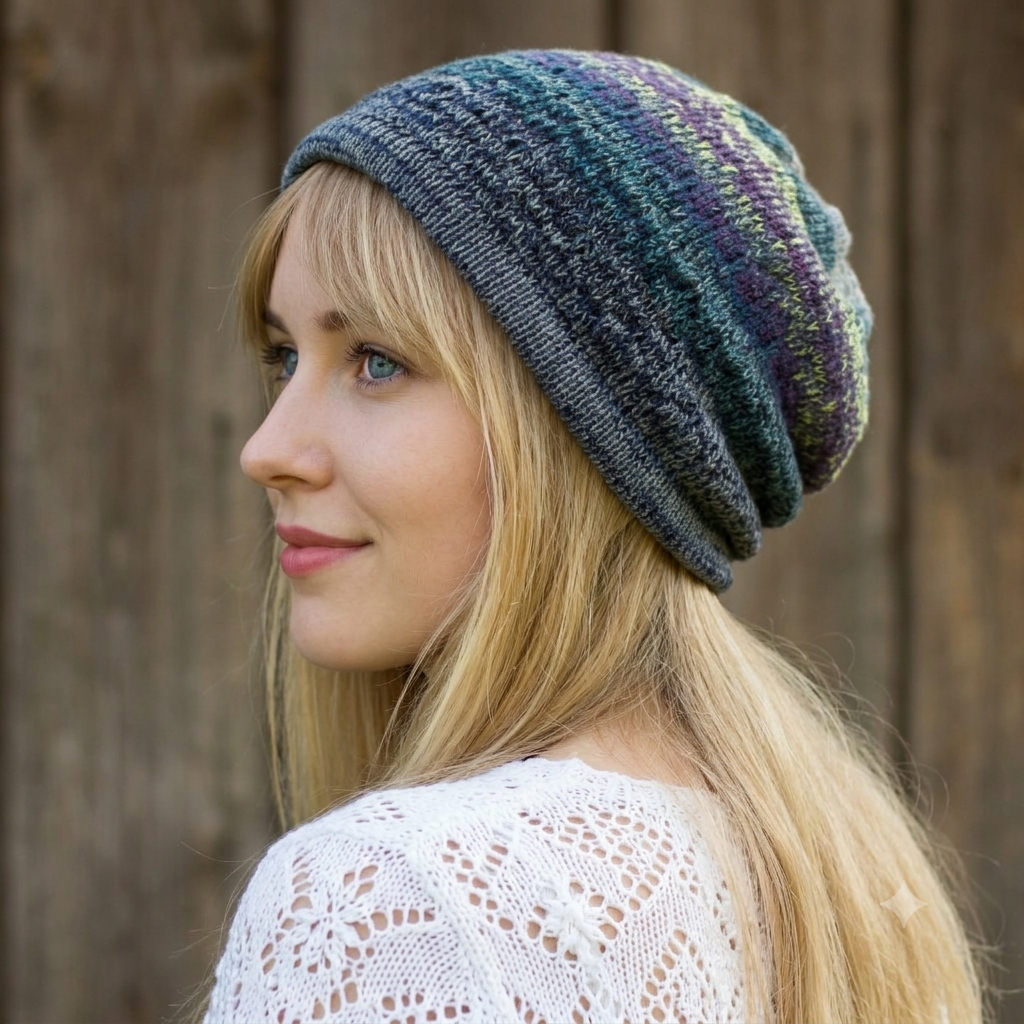 Woman wearing a colorful knit beanie against a wooden background