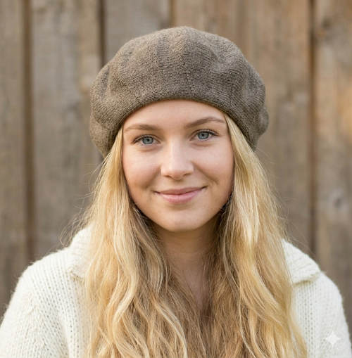 Woman wearing a brown beret against a wooden background