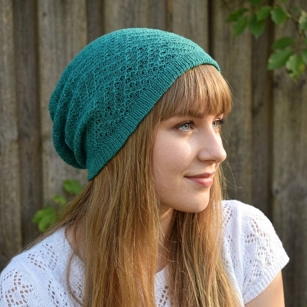 Woman wearing a teal knitted beanie outdoors with a wooden fence background