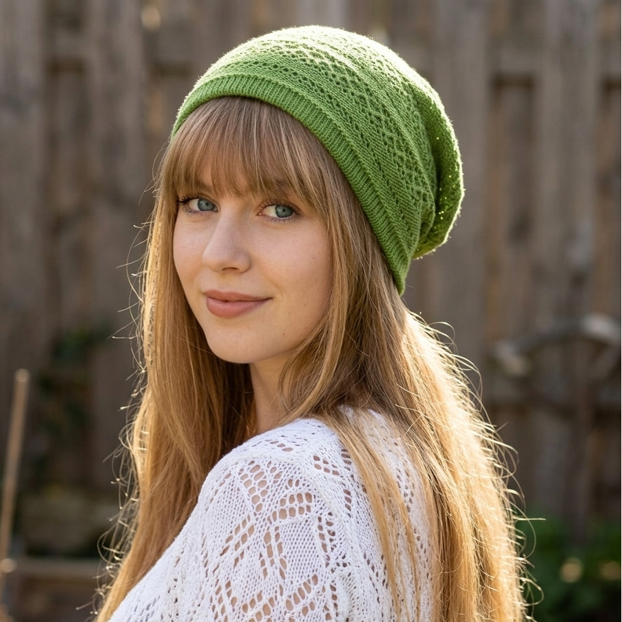 Woman wearing a green knitted beanie and white lace top outdoors.