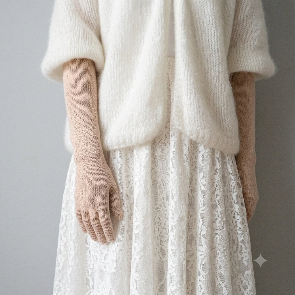 Person wearing a white knit sweater and beige gloves with a white lace skirt on a gray background