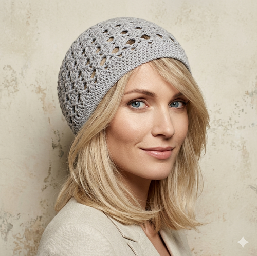 Woman wearing a gray knit beanie against a textured beige background