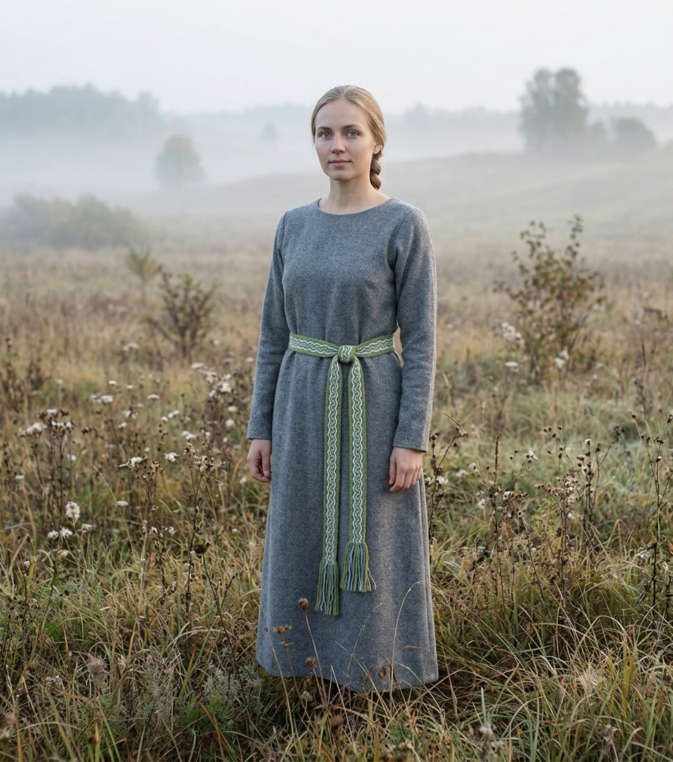 A woman stands in a misty grassy field wearing a long-sleeve gray dress with a green patterned belt tied at the waist.