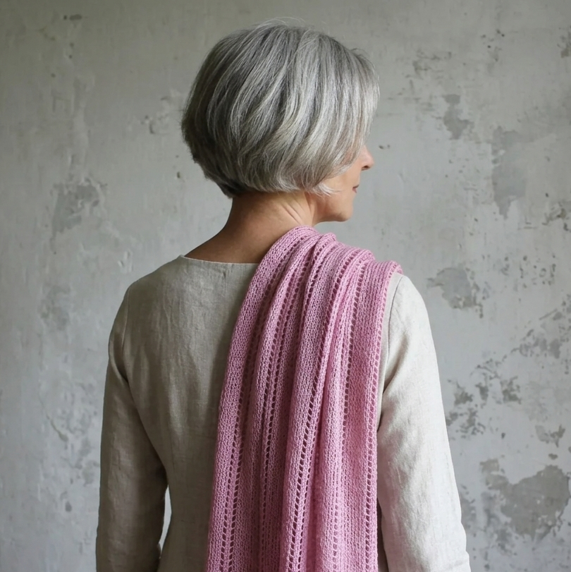 Person wearing a pink knitted shawl over shoulders against a textured wall.