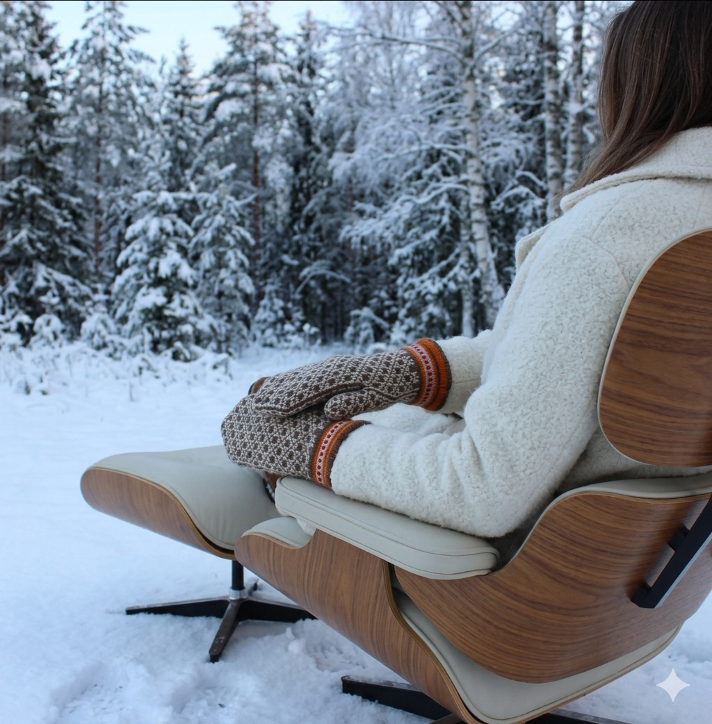 Person sitting in a modern chair in a snowy forest