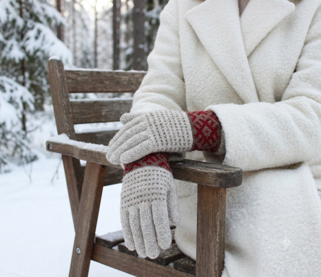 A person wearing a white textured coat sits on a wooden bench in a snowy outdoor setting, holding cream knit gloves with red patterned cuffs.