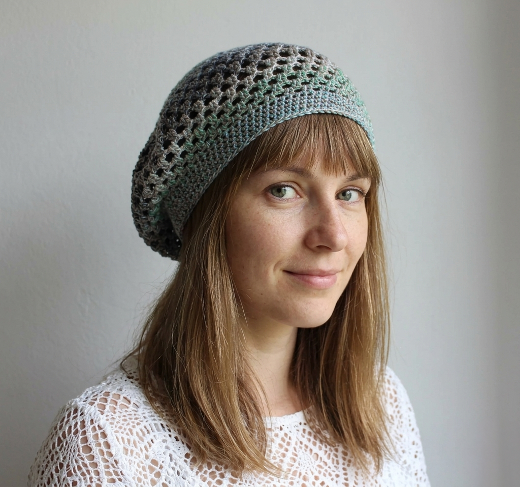 Handmade Colorful Crocheted Cotton Beret - Size M