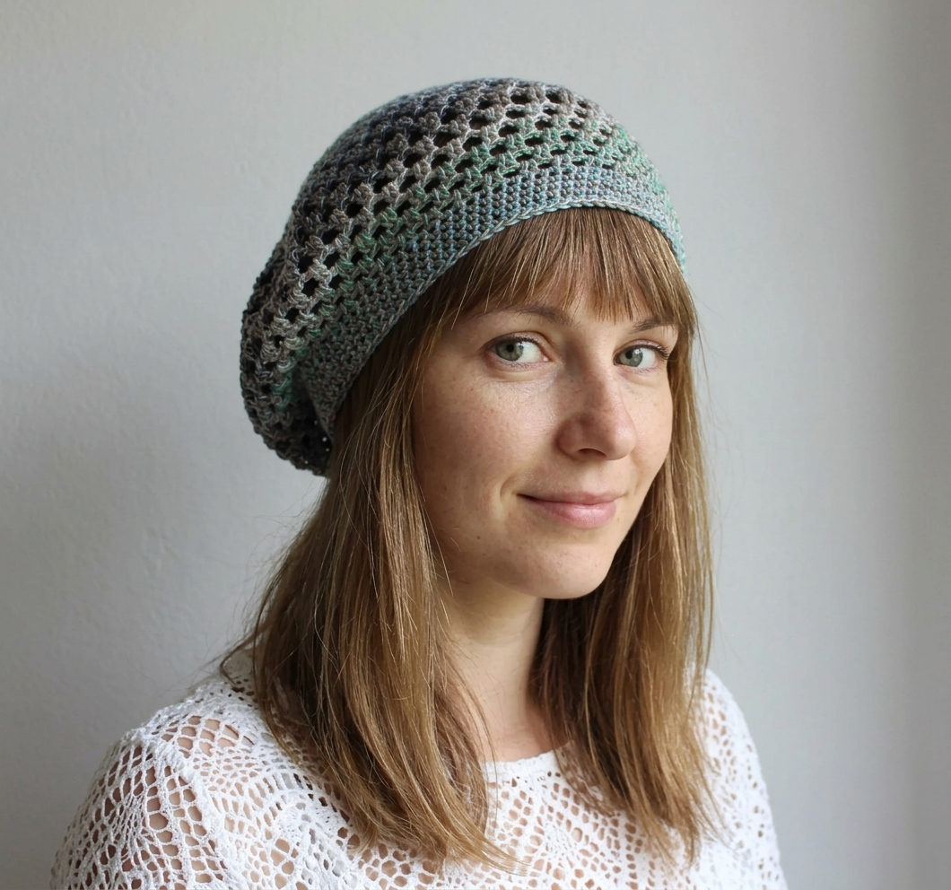 Handmade Colorful Crocheted Cotton Beret - Size M