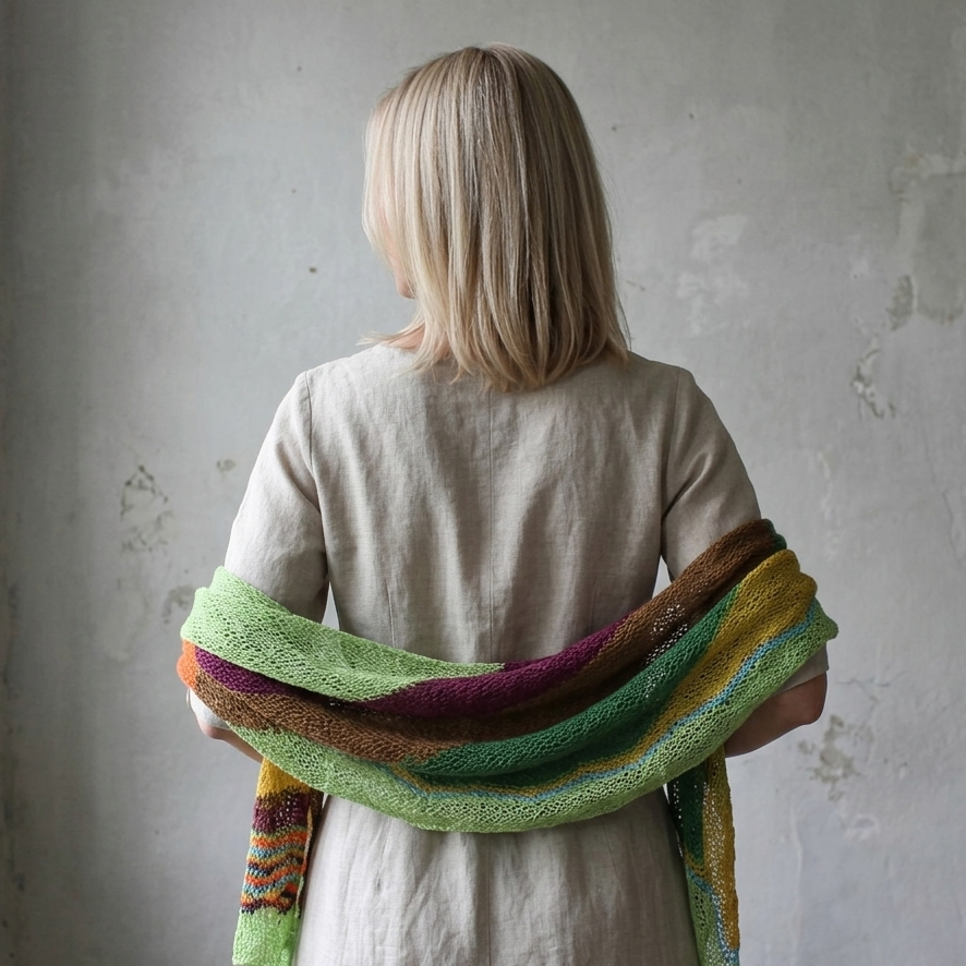 Person wearing a colorful knitted shawl against a plain wall