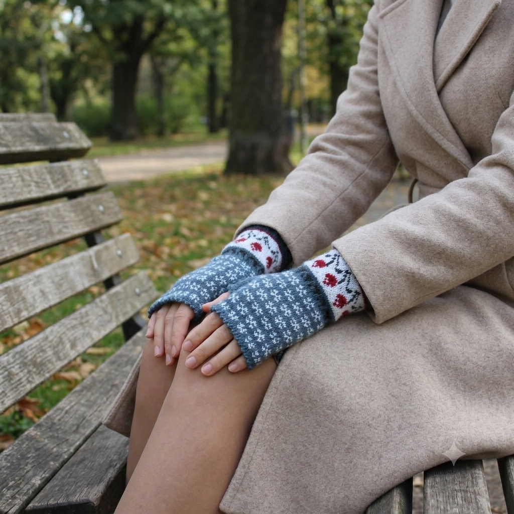 A person sitting on a wooden park bench wearing blue knit fingerless wrist warmers with a white floral cuff, in an outdoor autumn setting.