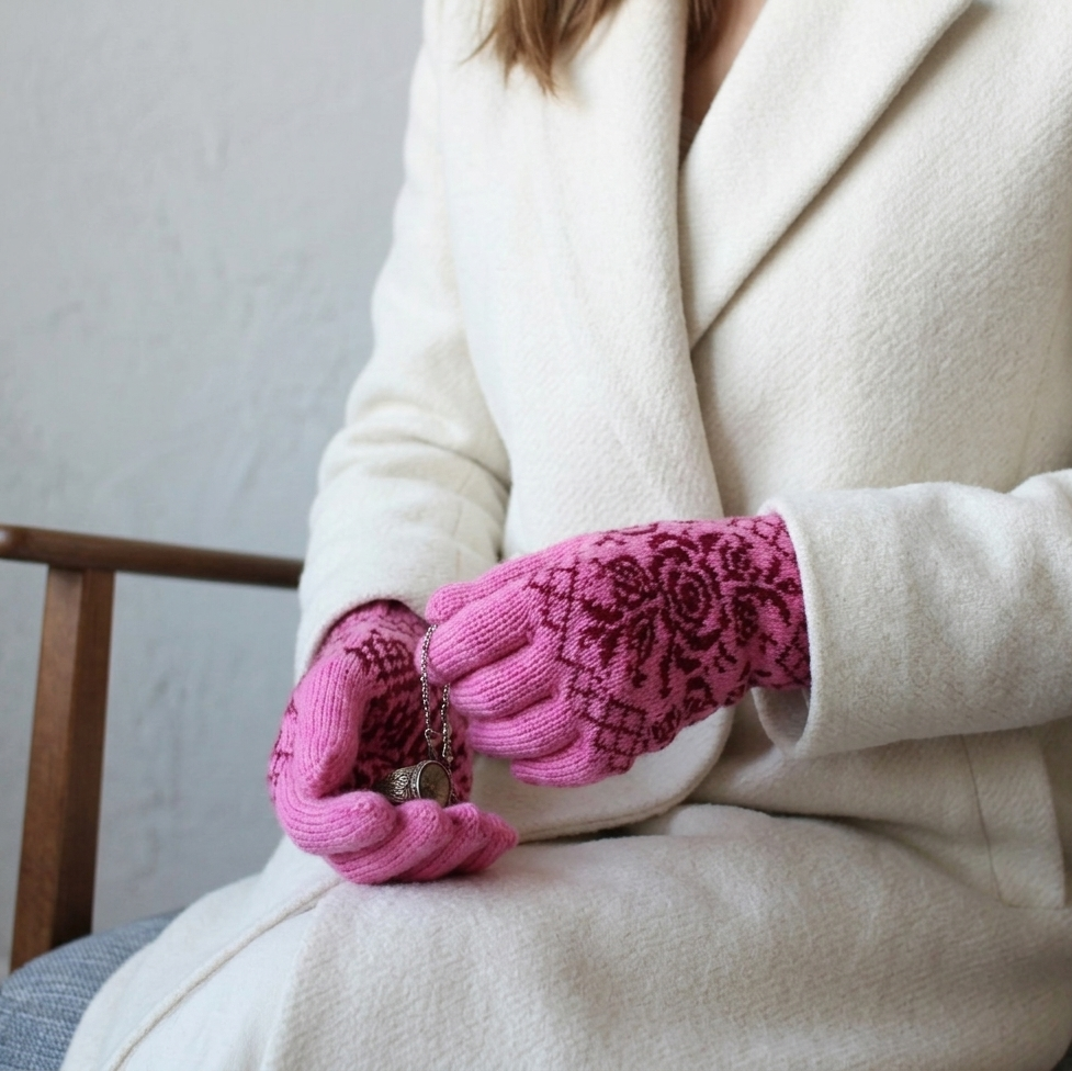 Person wearing pink gloves with red rose pattern, sitting on a chair.