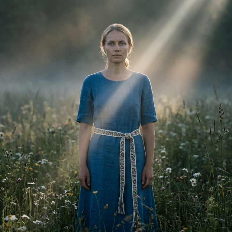A woman stands in a misty field at sunrise wearing a blue dress with a white patterned belt. Sunlight streams through the background trees.