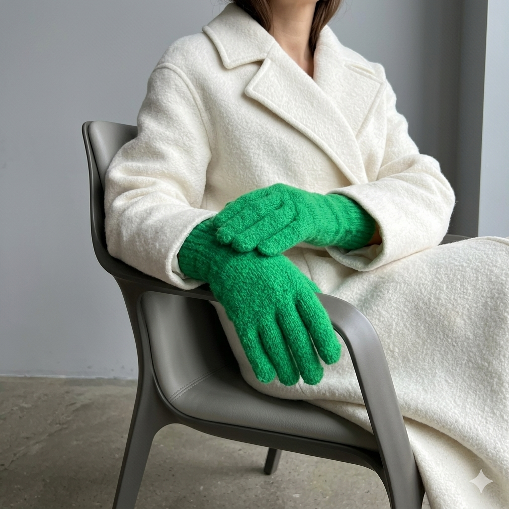 Person wearing a white coat and green gloves sitting on a chair against a gray background