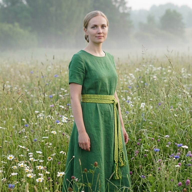 A woman wearing a green dress with a matching waist sash stands in a misty grassy field with wildflowers.
