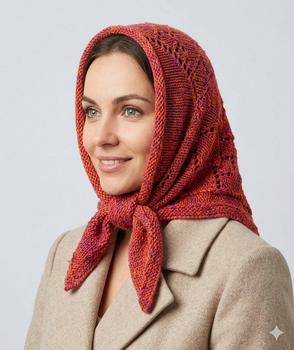 Hand Knit Wool Head Scarf: Orange Purple kerchief