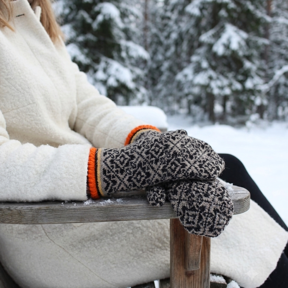 A person sitting outdoors in a snowy setting wearing a cream-colored fleece jacket and knit winter mittens with a black and gray geometric pattern and bright orange ribbed cuffs.