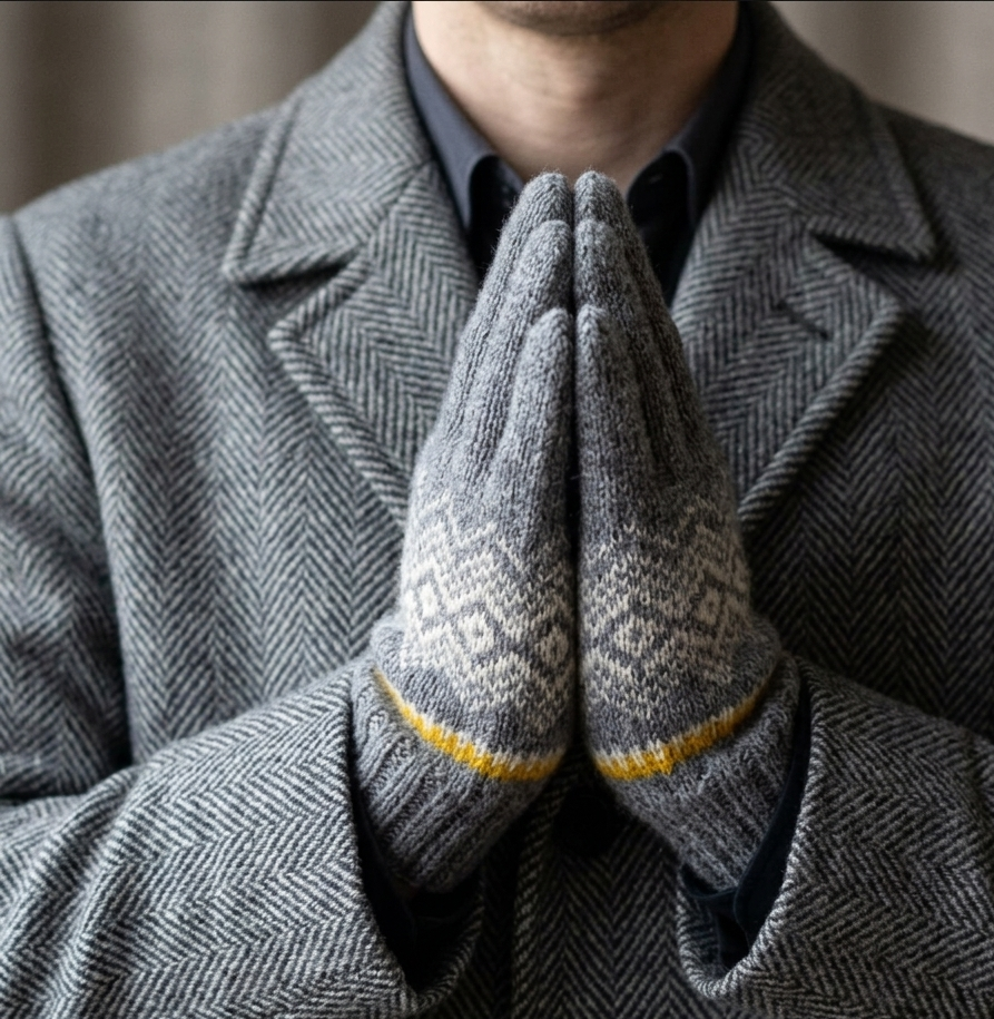 Person wearing a gray coat and patterned gloves with a blurred background