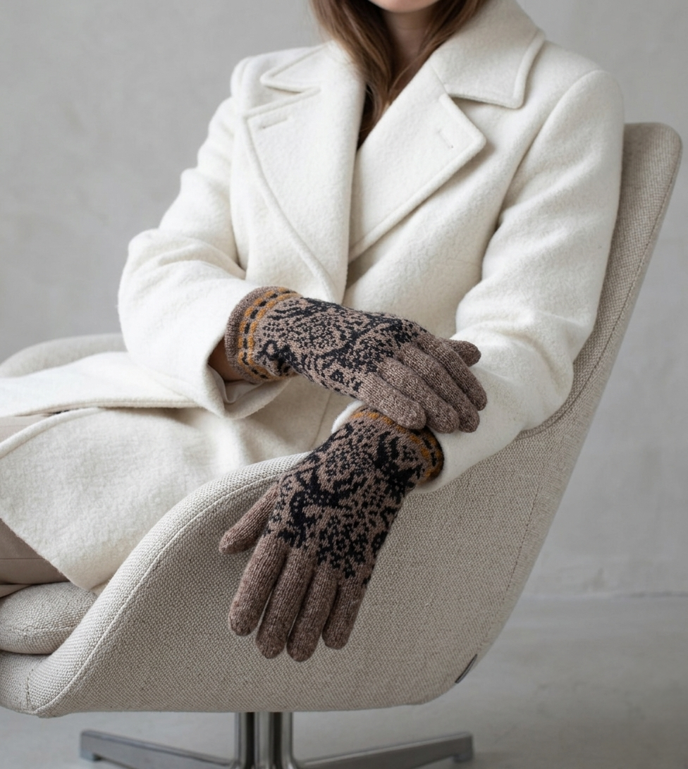 Knitted Wool Gloves: Reindeer Nordic Hand Warmers, Size M