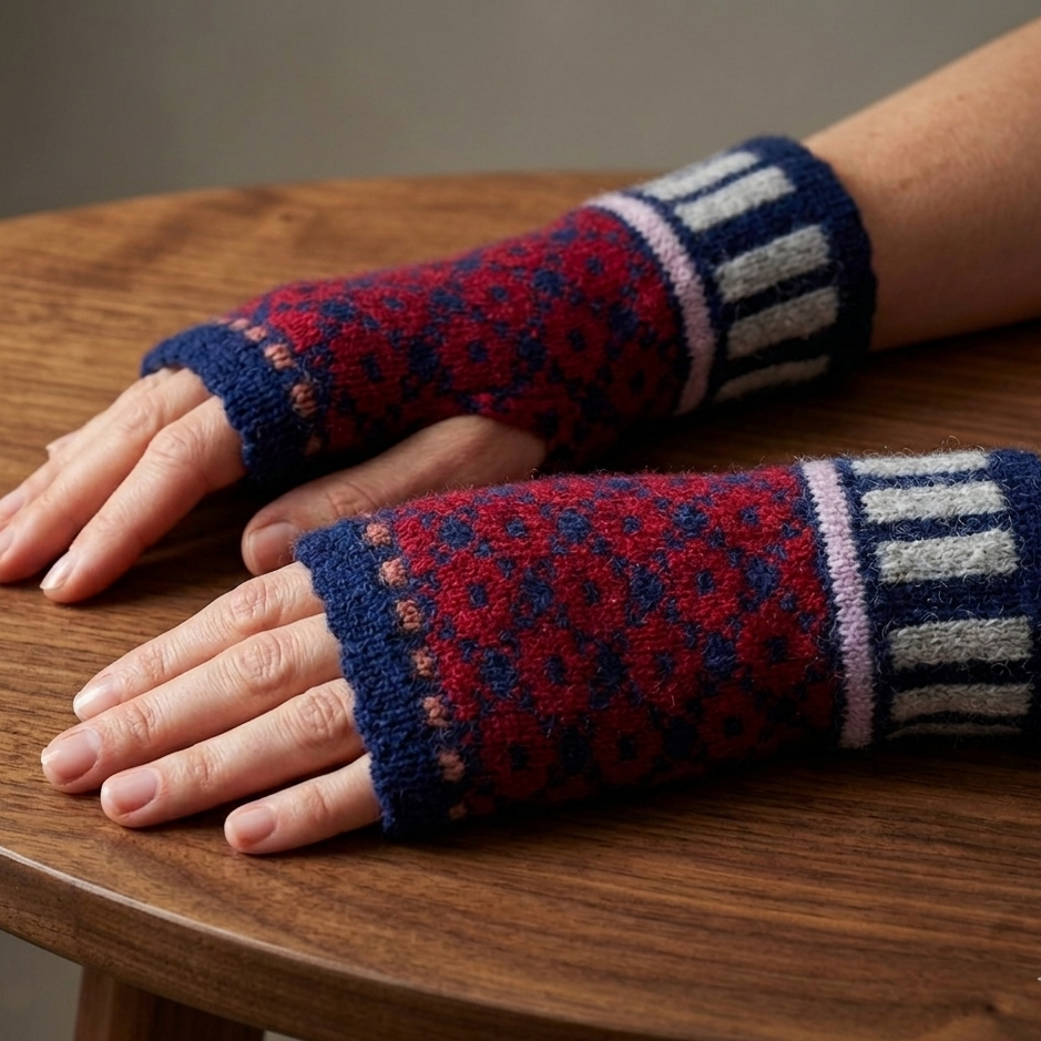 Pair of colorful knitted fingerless gloves on a wooden surface