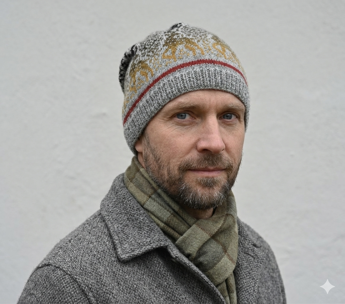Man wearing a patterned knit hat and scarf against a plain background