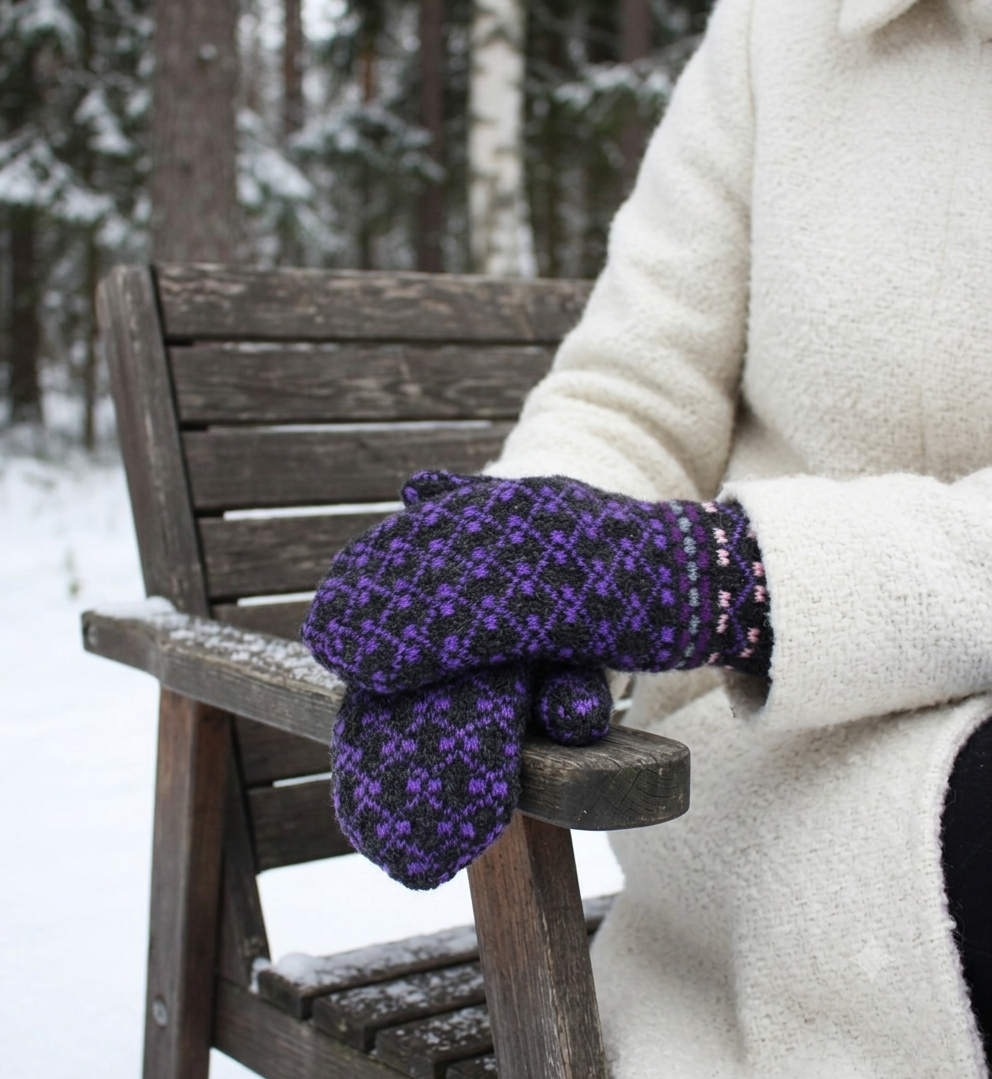 A person wearing a white coat sits on a wooden bench in the snow, holding a pair of purple and black patterned knit mittens.