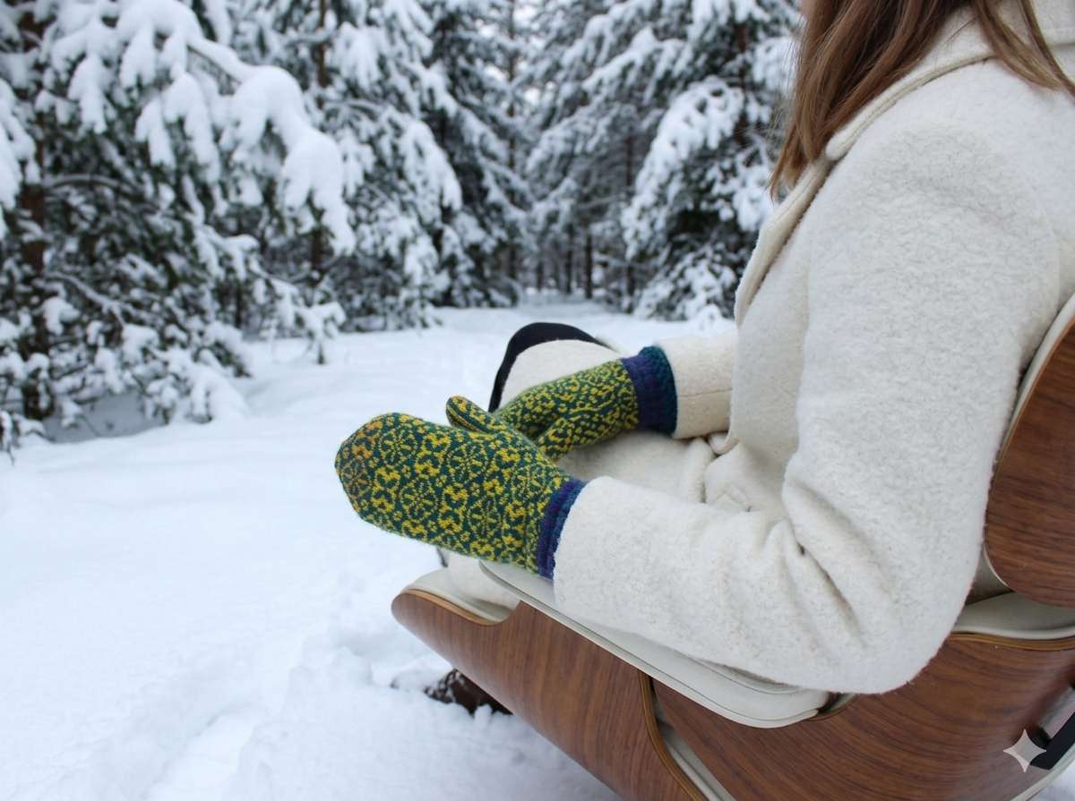 Person sitting on a bench in a snowy forest wearing green mittens.