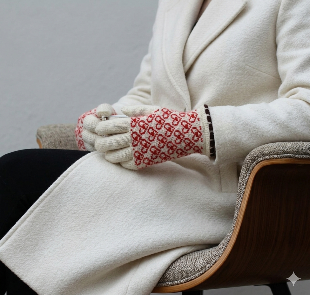 Person wearing a white coat and red patterned gloves sitting on a chair.