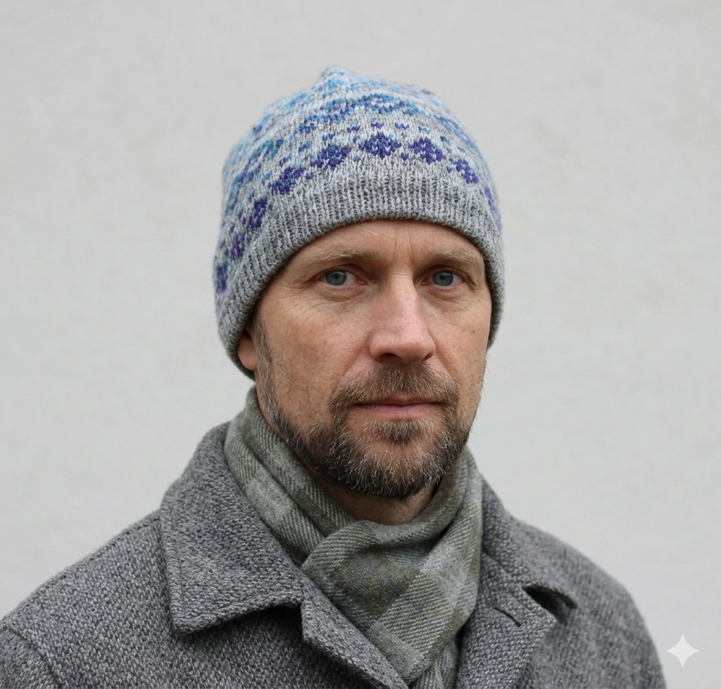 Man wearing a gray knit hat with blue patterns and a matching scarf against a light gray background