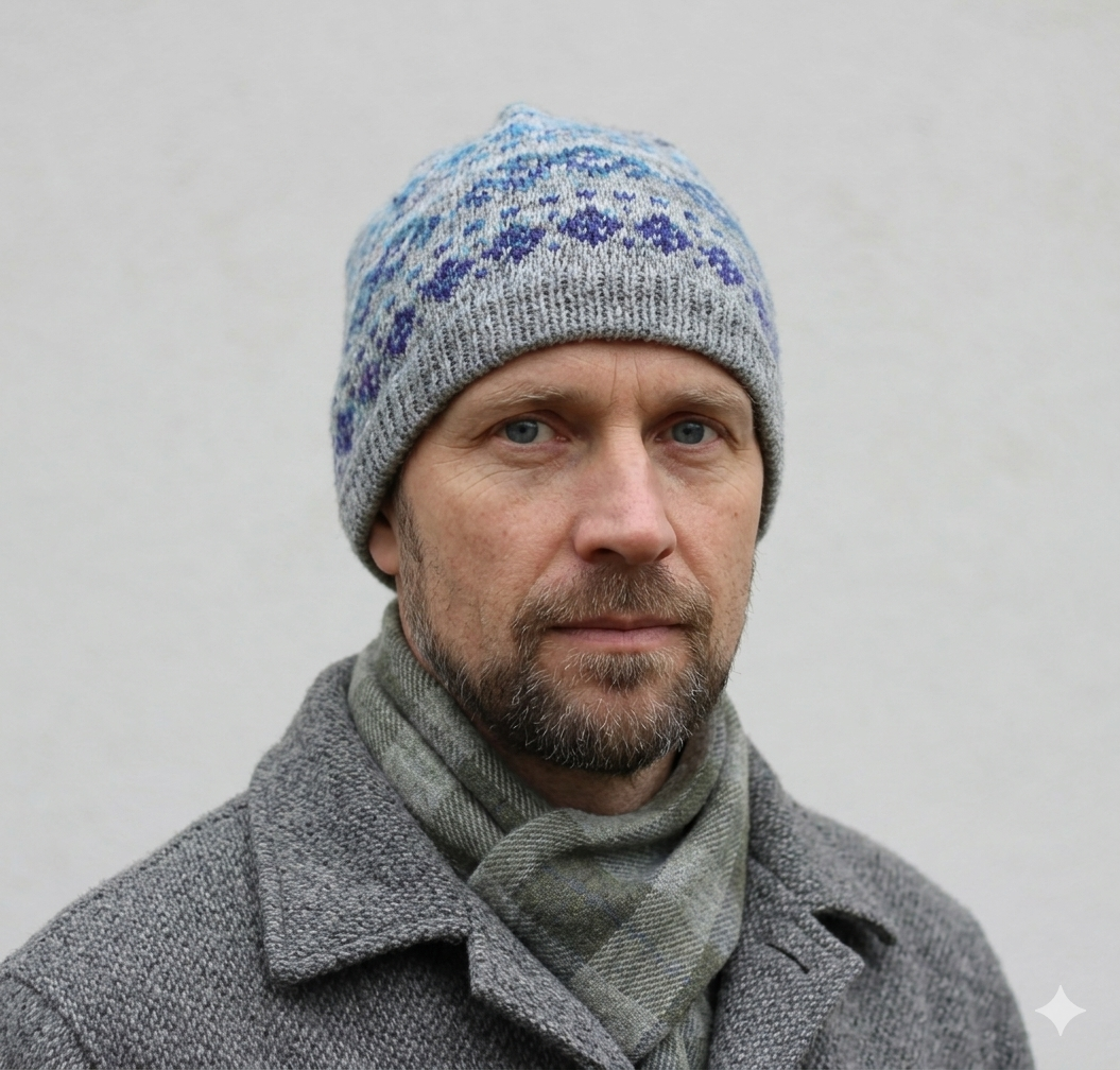 Man wearing a gray knit hat with blue patterns and a matching scarf against a light gray background