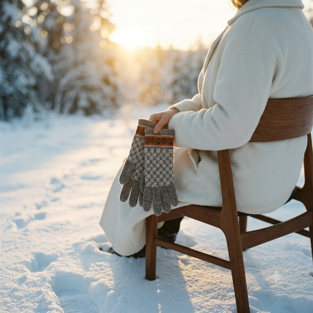 Person sitting in a snowy landscape with gloves on, wearing a coat.