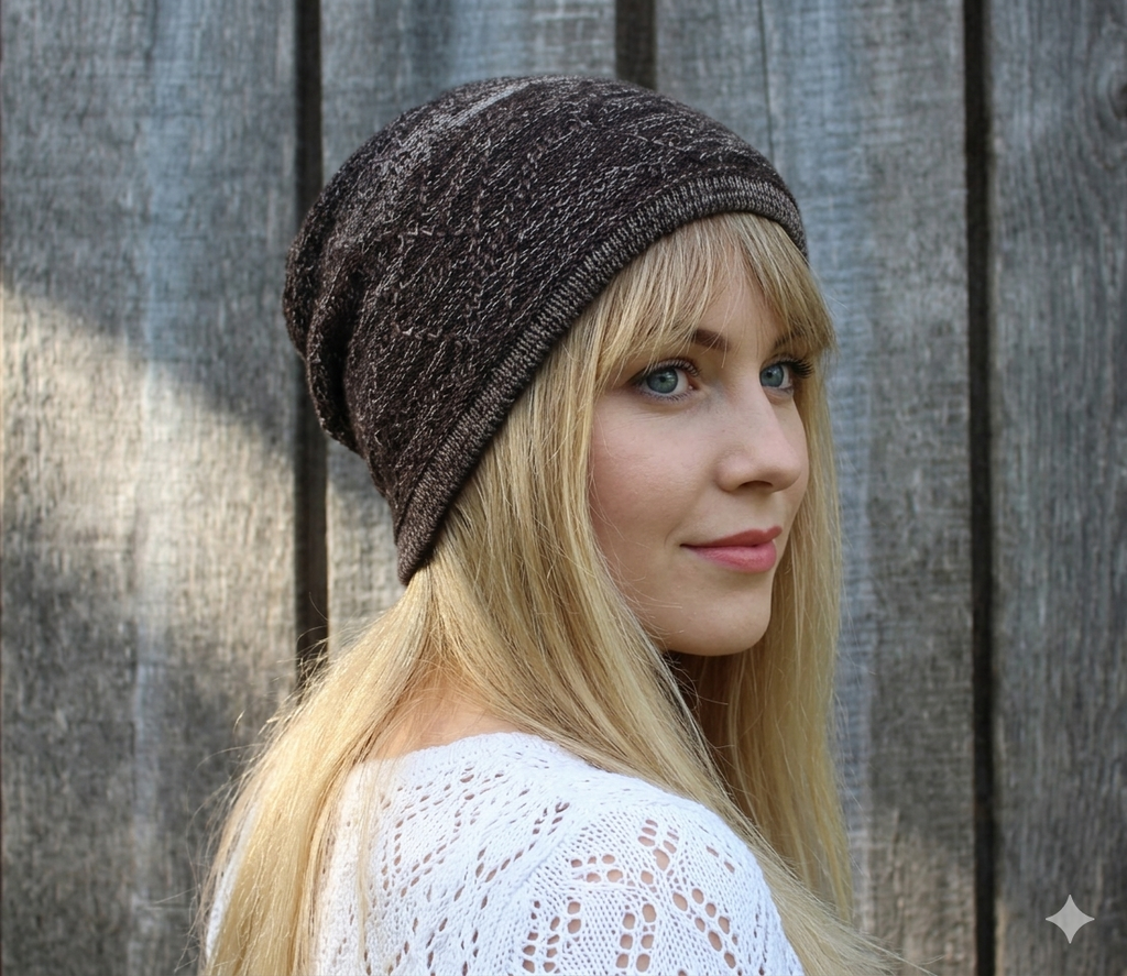 Woman wearing a brown knit beanie against a wooden fence background
