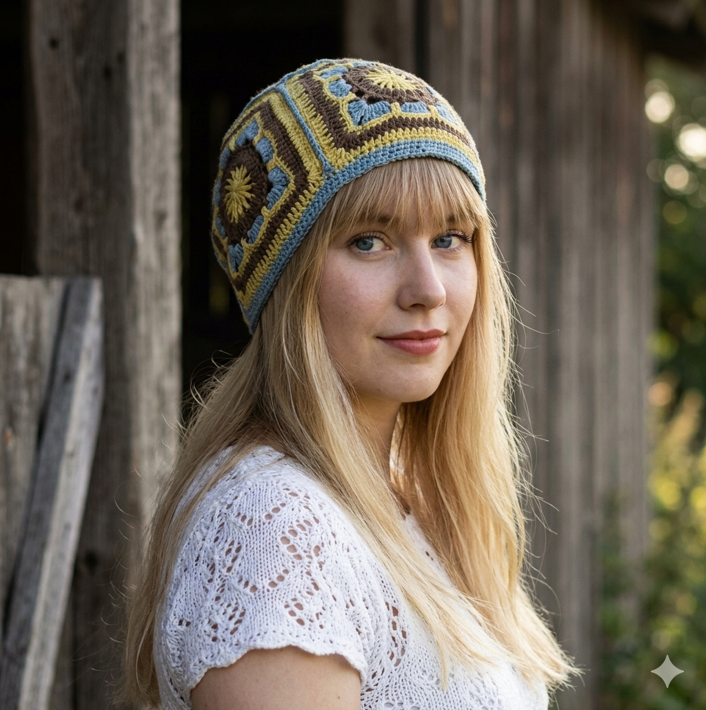 Woman wearing a colorful knitted beanie in front of a wooden background
