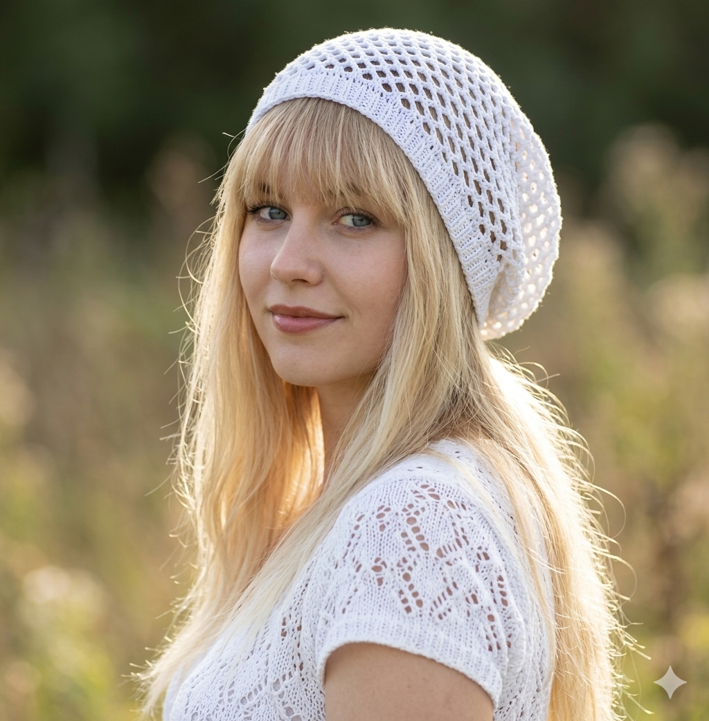 Woman wearing a white knit beanie and top outdoors