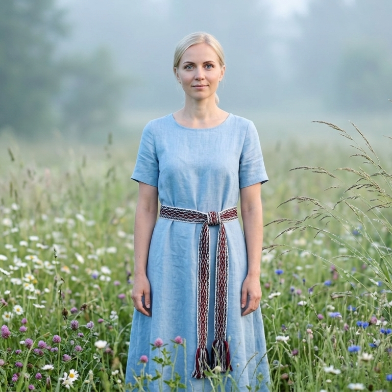 A woman stands in a misty field of wildflowers wearing a light blue dress with a dark patterned belt.