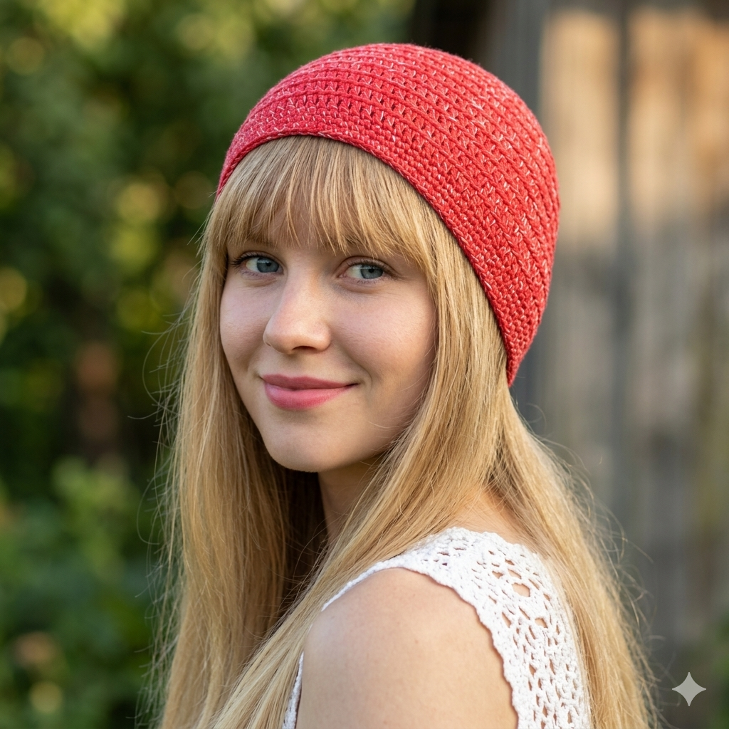 Woman wearing a red knitted headband with a blurred natural background