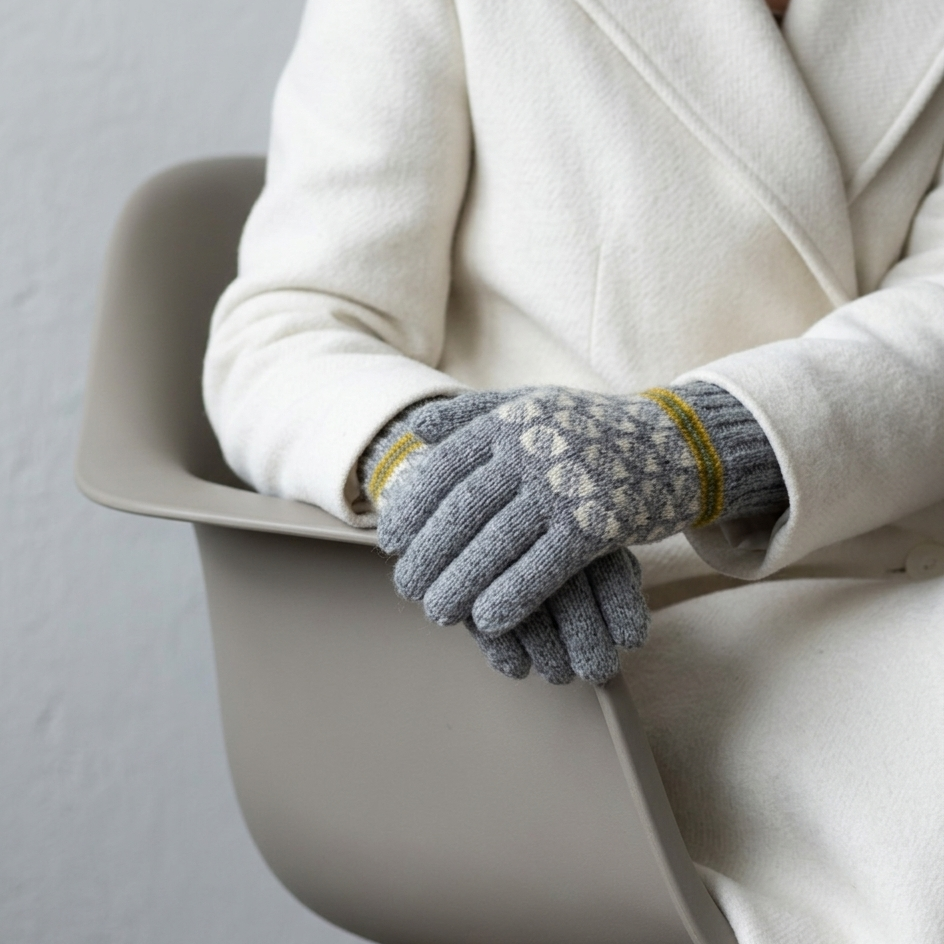 Person wearing a white coat and gray gloves with yellow accents, sitting on a chair.