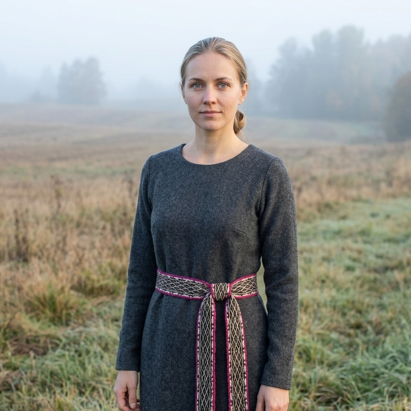 A woman stands in a misty field wearing a dark gray long-sleeve dress with a colorful patterned belt tied at the waist.