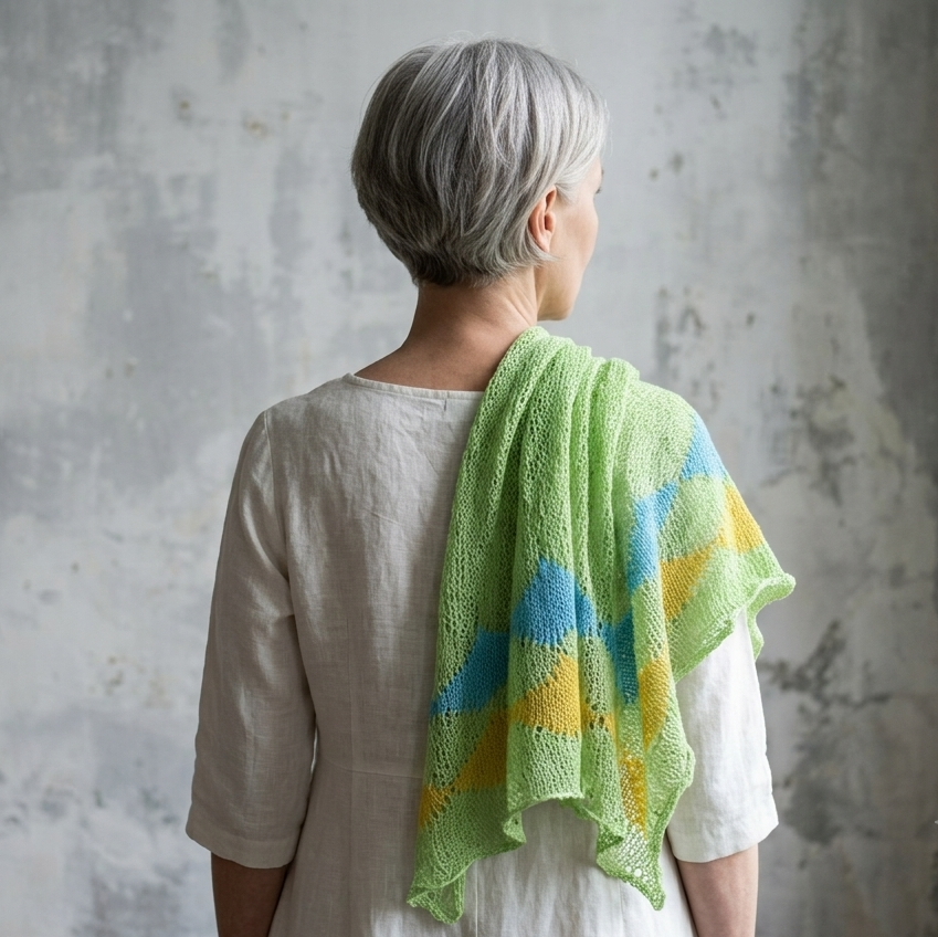 Person wearing a green, blue, and yellow patterned shawl against a textured gray wall.
