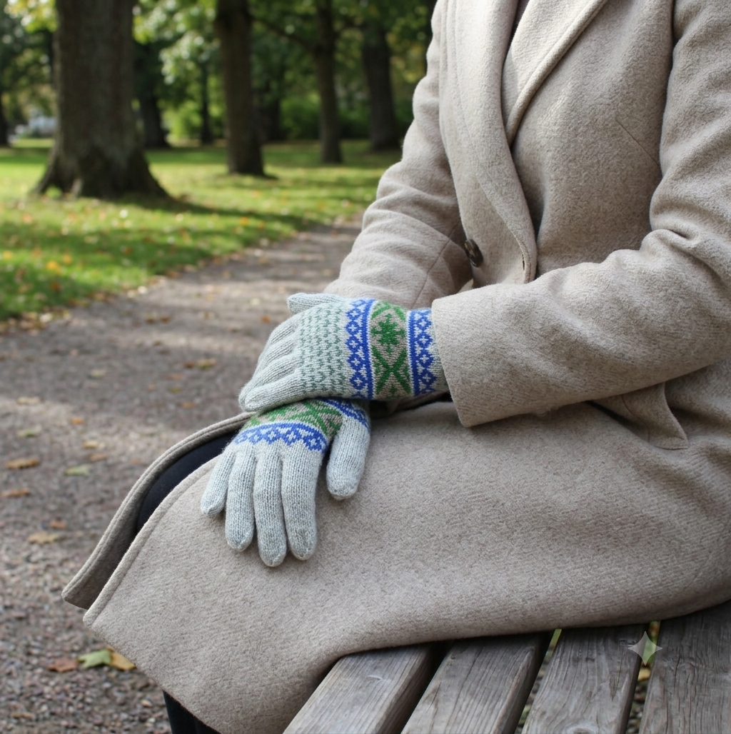 A person sitting on a wooden bench in a park, wearing a beige coat and knit gloves with blue and green Fair Isle patterns.