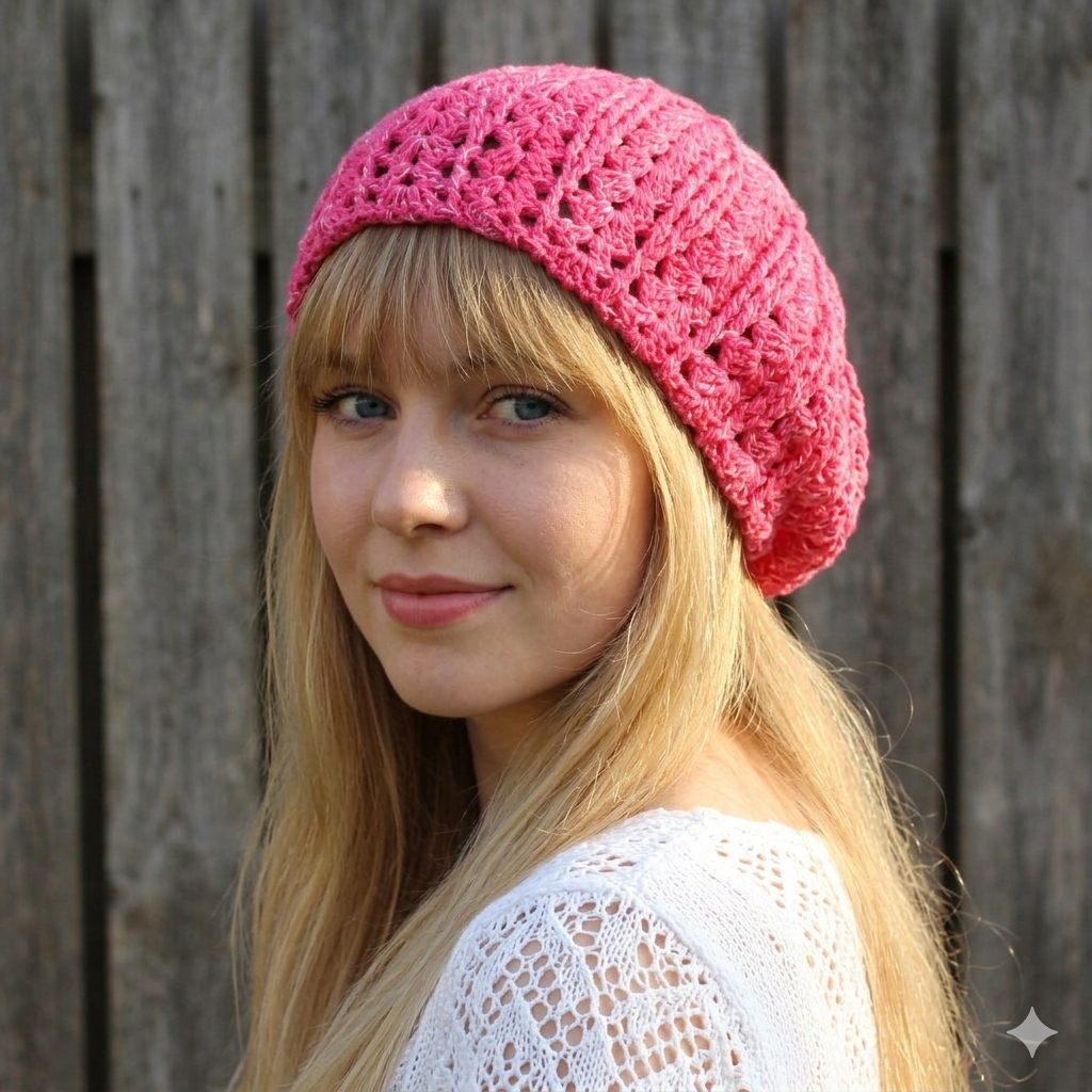 Woman wearing a pink knitted beanie against a wooden background