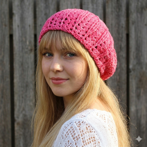 Woman wearing a pink knitted beanie against a wooden background