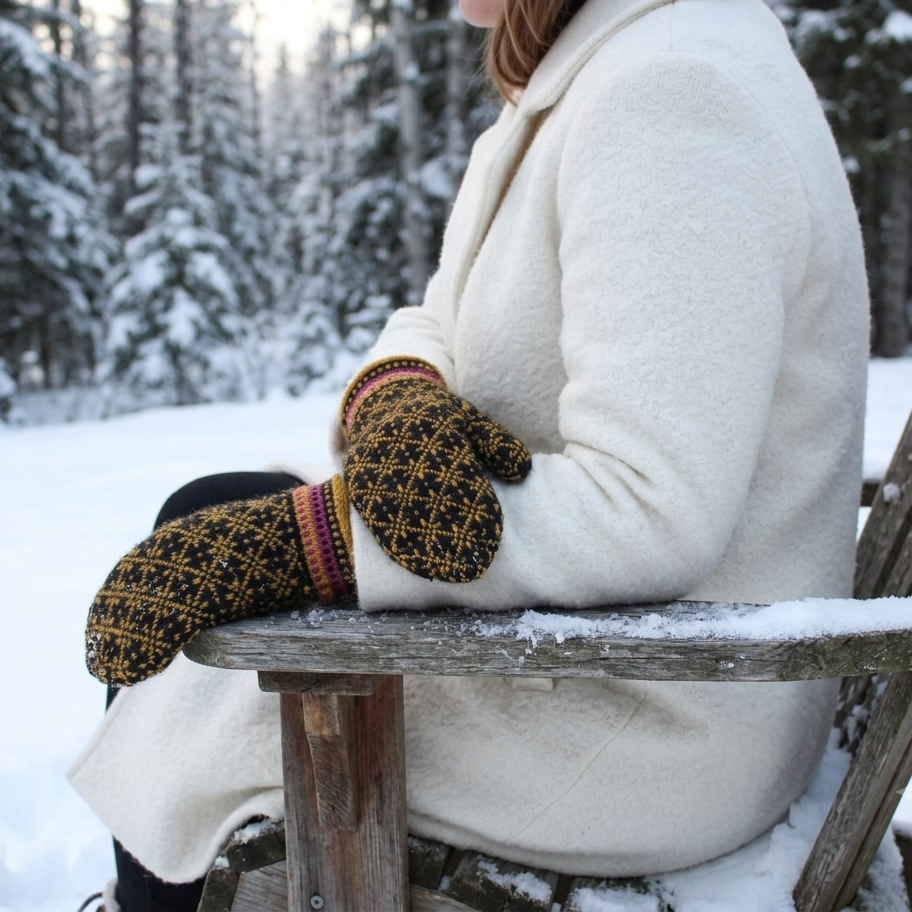 A person sitting in a snowy outdoor chair wearing a cream coat and knit mittens with a yellow and black geometric pattern and red striped trim, with a snowy forest in the background.