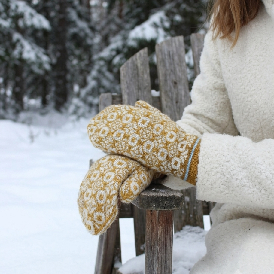A person in a white coat sitting on a wooden bench in the snow, wearing mustard yellow and white patterned knit mittens.