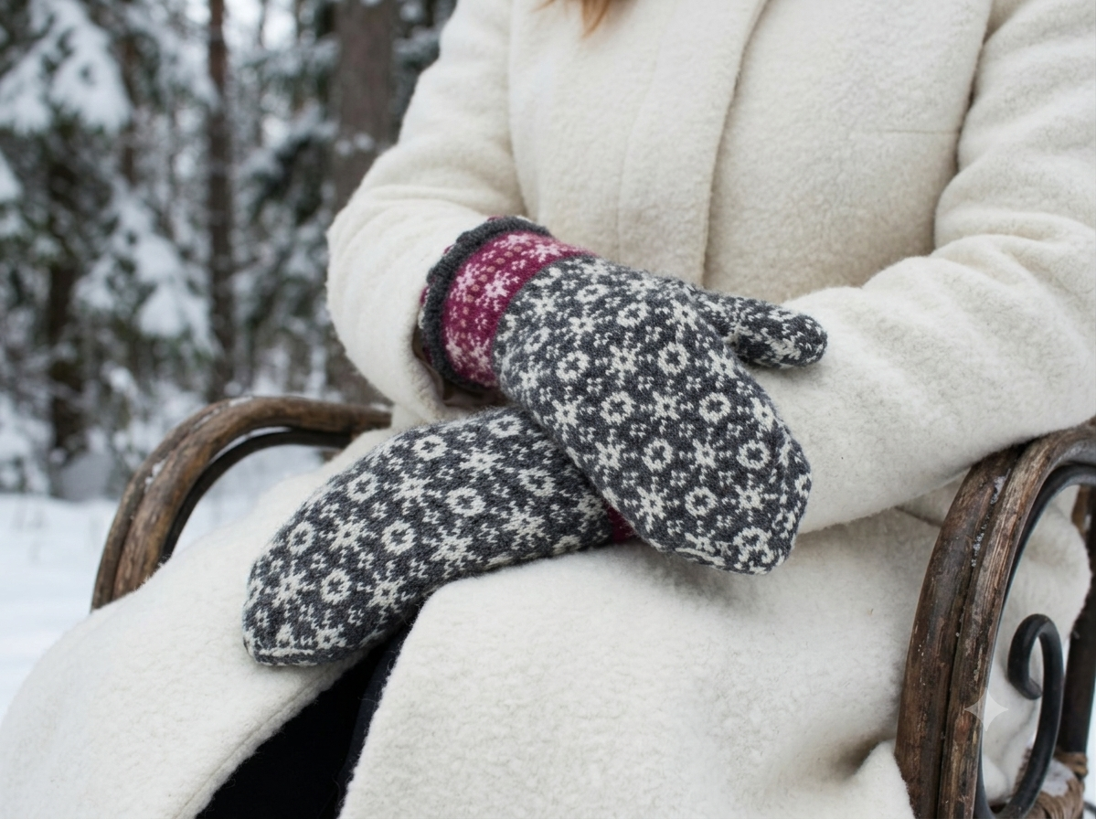 A person sitting outdoors in the snow wears a cream-colored coat and black knit mittens with a white snowflake pattern and a pink cuff.