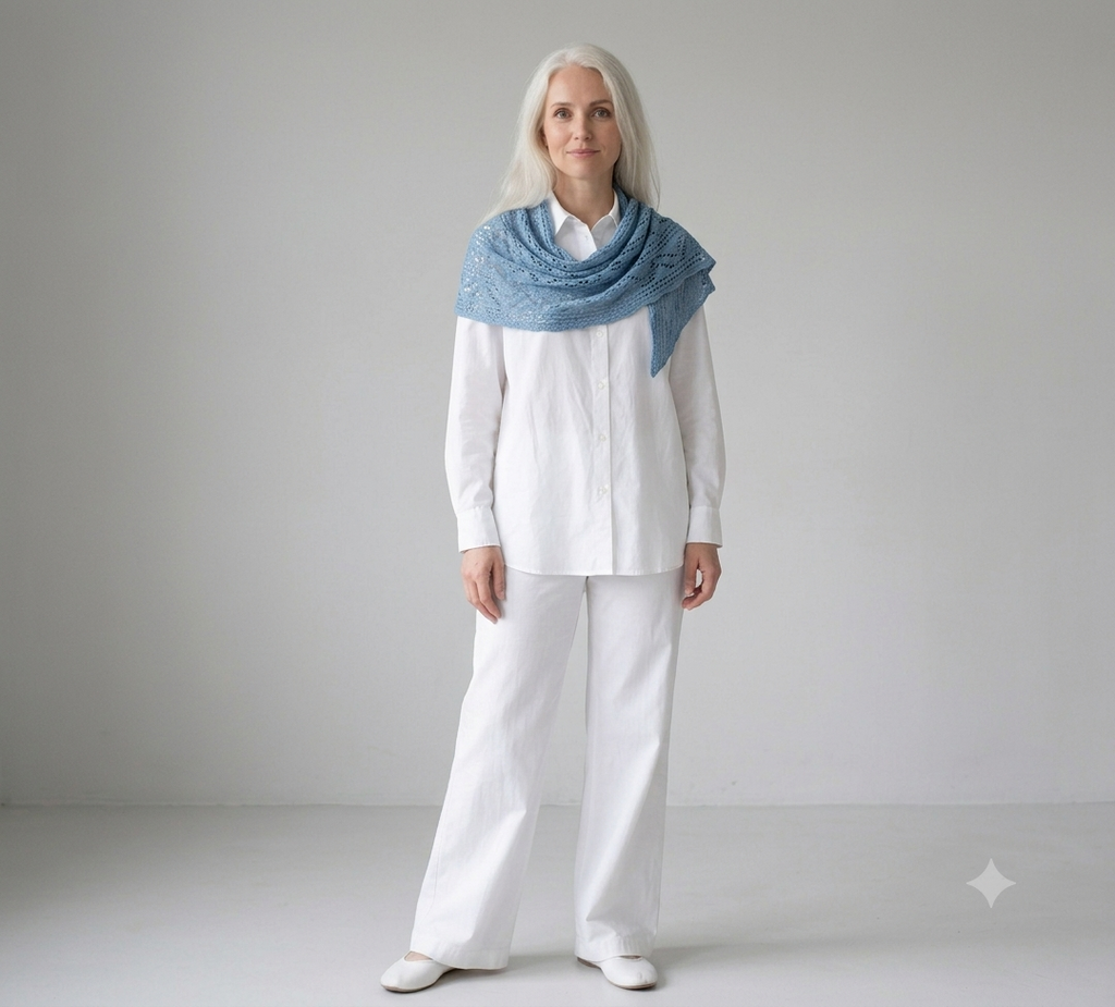 Woman wearing a white outfit with a blue knitted scarf against a plain background