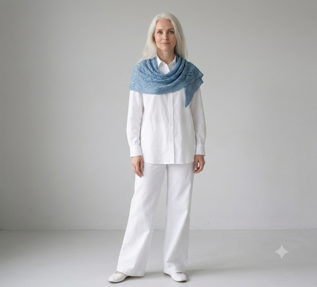 Woman wearing a white outfit with a blue knitted scarf against a plain background
