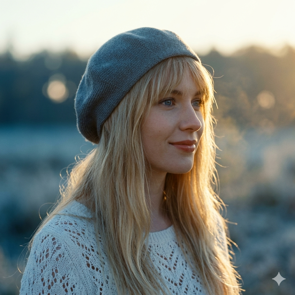 Woman wearing a gray beanie and white lace top outdoors with a blurred natural background