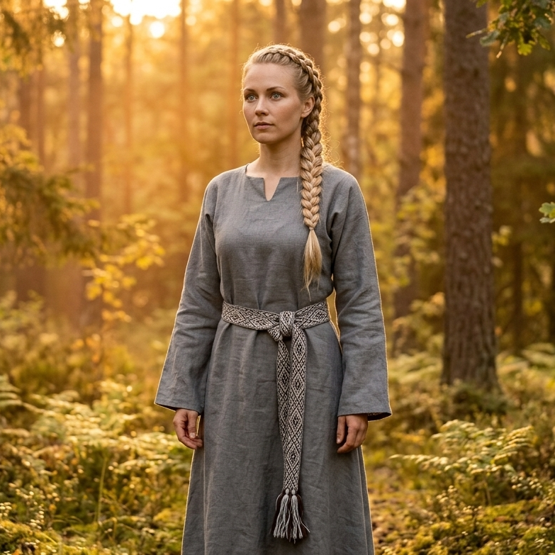 A woman with a long braid stands in a sunlit forest wearing a gray long-sleeve dress with a braided belt and tassel.